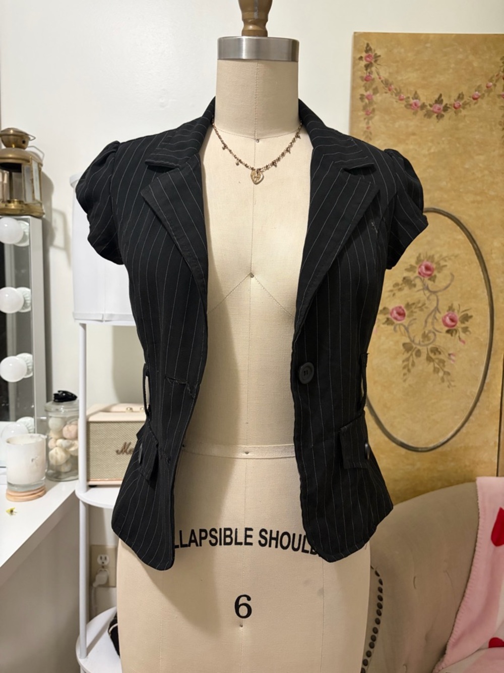 Black Pinstripe Short Sleeve Tailored Blazer